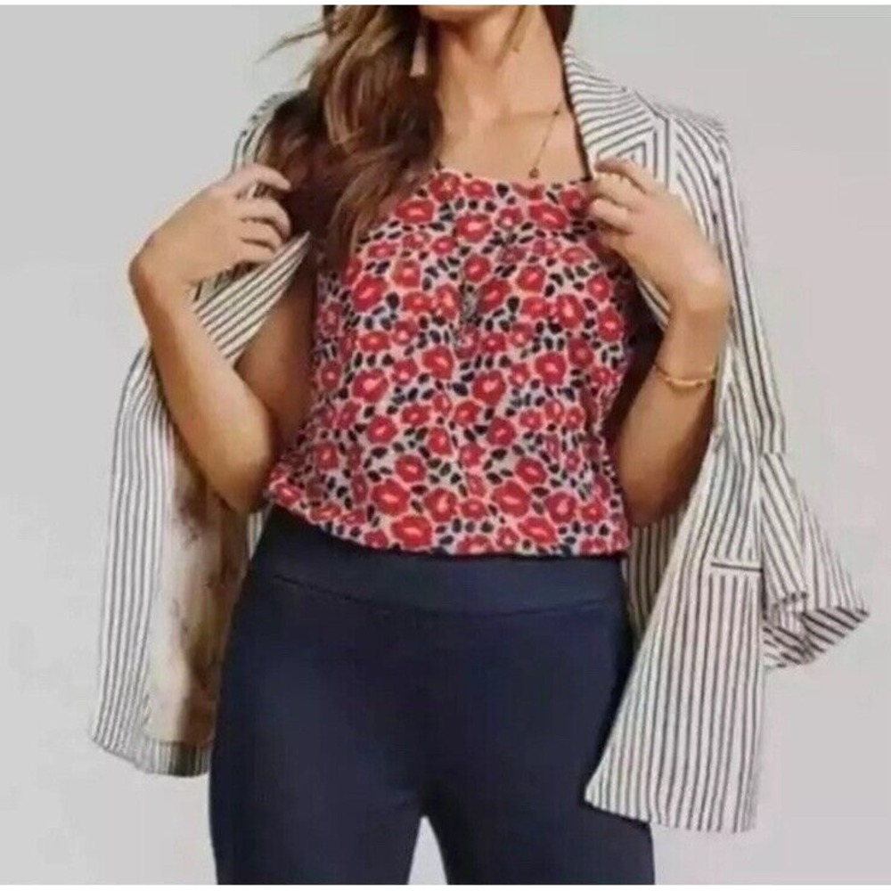 CAbi Women's Size S Blouse #5356 Red Floral Open Back Layered Flipside‎